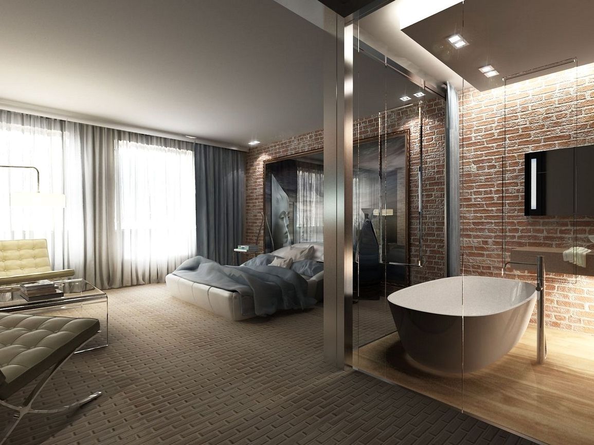 спальня с ванной в стиле лофт