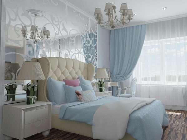 Сочетание голубого с кремовым оттенков в дизайне спальни