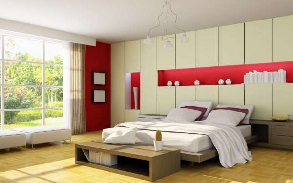 Бежевая спальня с элементами красного
