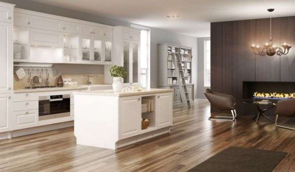 белый кухонный гарнитур на кухне в стиле неоклассика