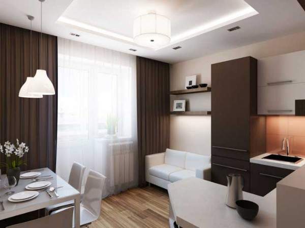 Дизайн маленькой однокомнатной квартиры: кухня в зале и отдельная спальня