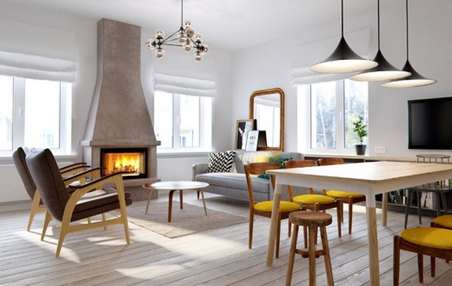 кухня гостиная в скандинавском стиле с камином
