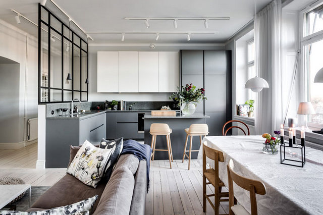 кухня гостиная в скандинавском стиле серые акценты