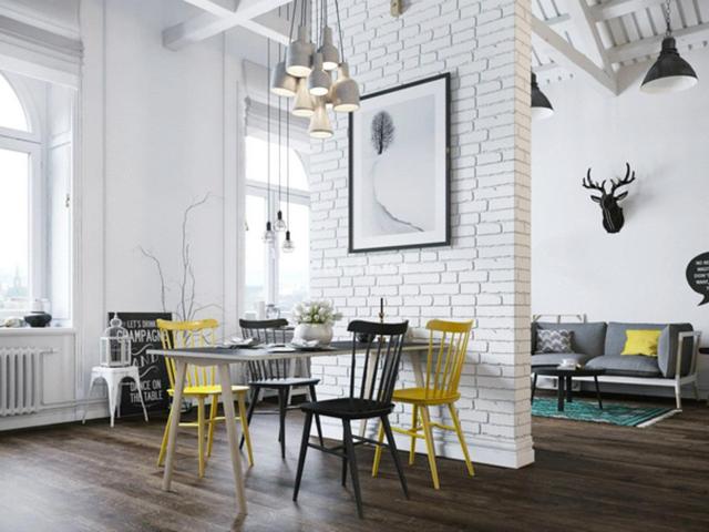 кухня гостиная в скандинавском стиле яркие стулья 