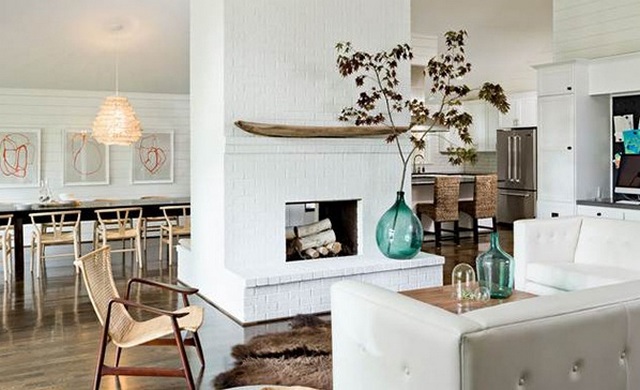 кухня гостиная с камином в скандинавском стиле фото 