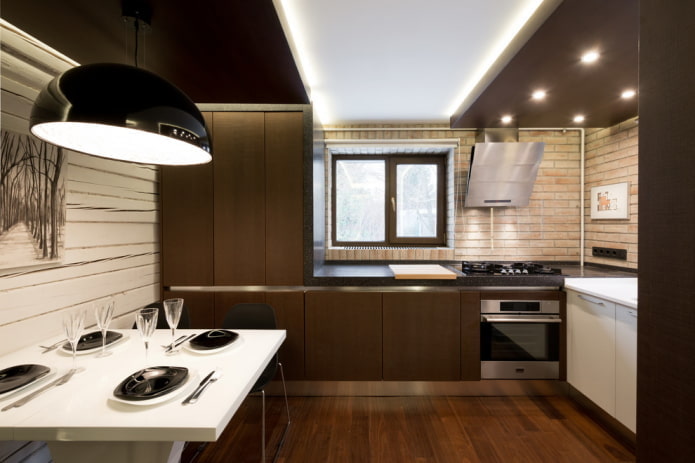 потолок с подсветкой в интерьере кухни