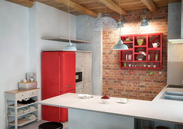 бело-красная кухня в стиле лофт