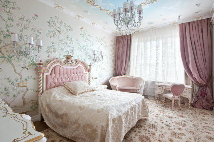 розовая спальная комната в классическом стиле