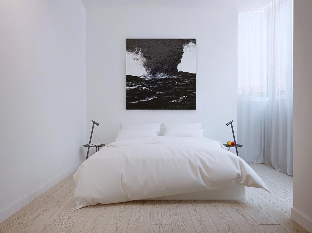 спальня в стиле минимализм с картиной