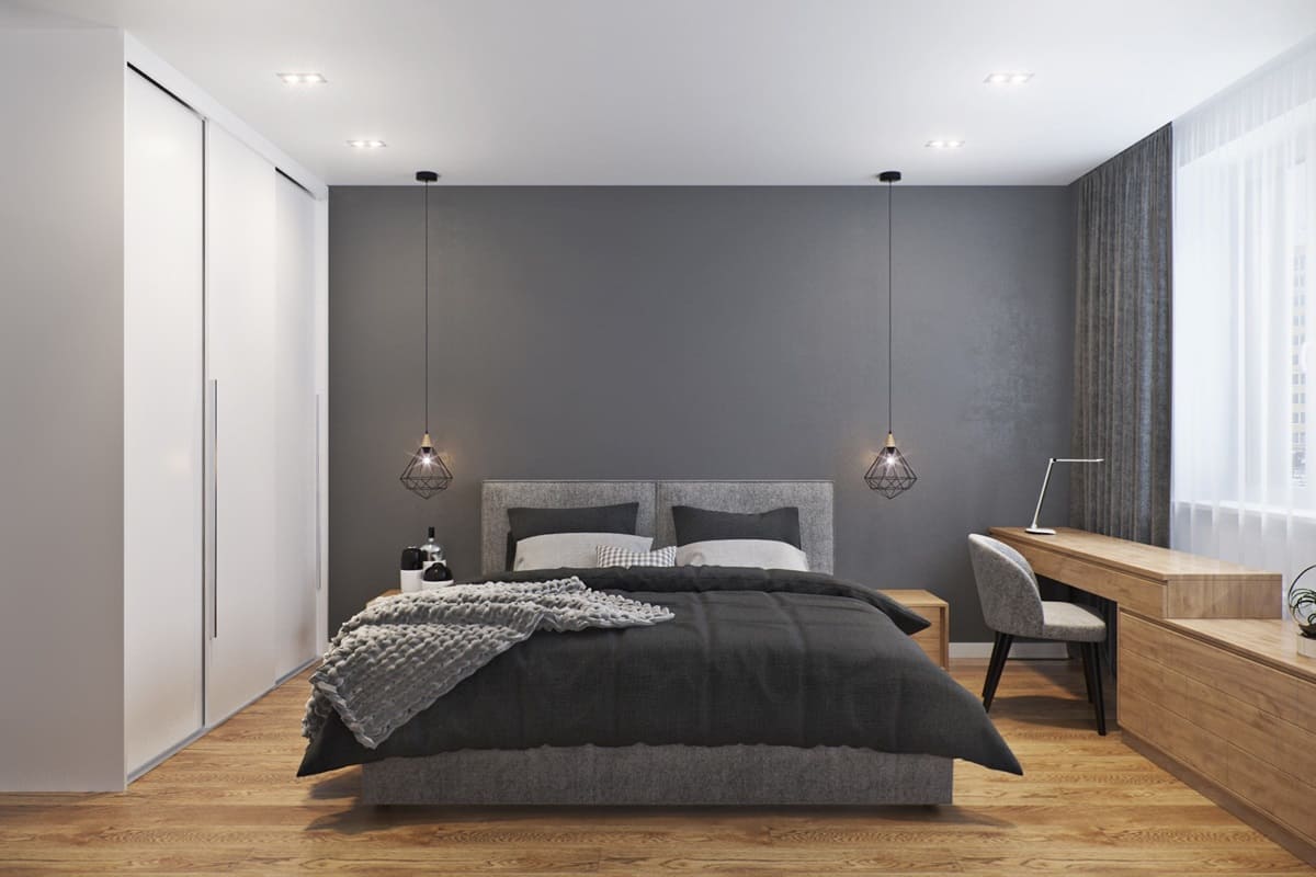 спальня в стиле минимализм со шкафом купе