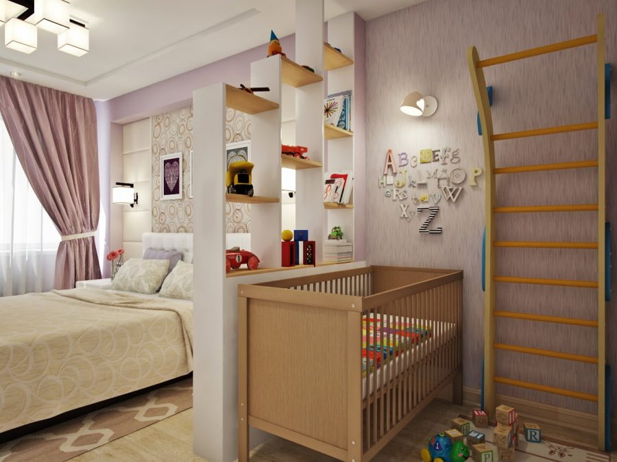 Стеллаж-перегородка в интерьере спальни с детской кроваткой