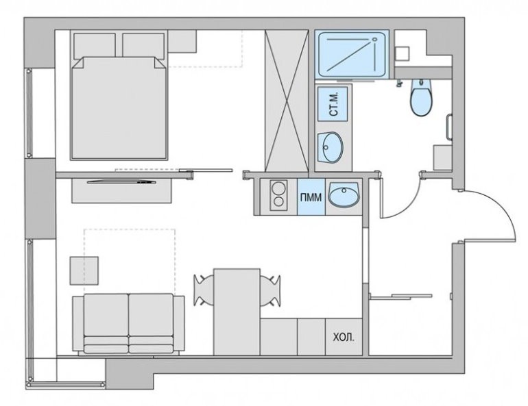 План двушки площадью 38 кв м после переделки из однушки