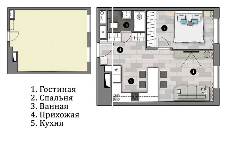 План однушки площадью 43 кв м после переделки в двушку