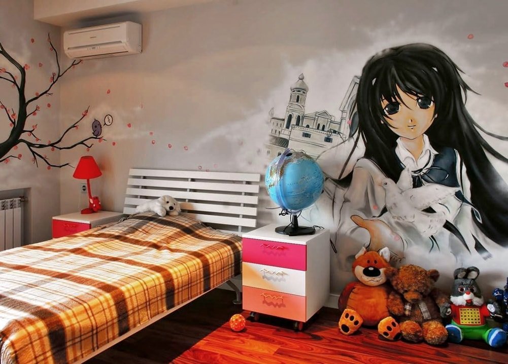 Аниме на стене детской спальни для девочки