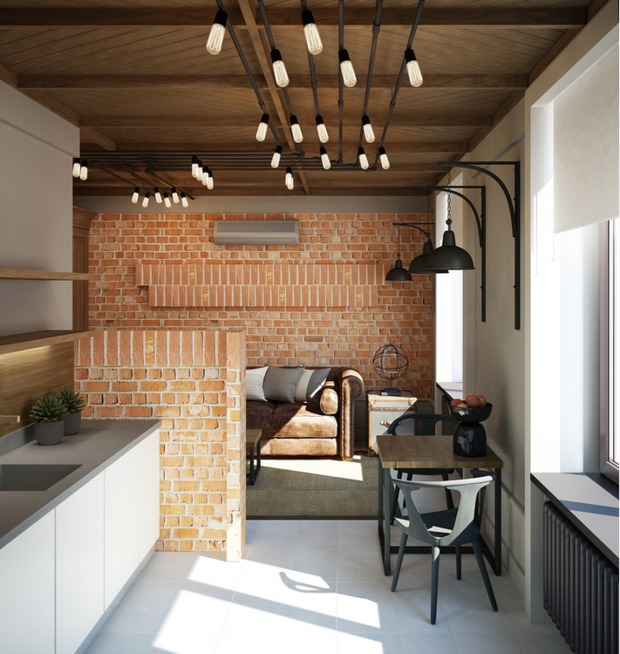 Кирпичные стены в кухне и столовой