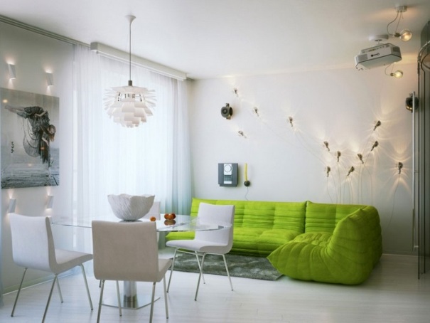 гостиная с зеленой мебелью