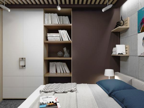 Шкаф в маленькой спальне в стиле лофт должен соответствовать длине и ширине одной из стен, тогда он сольется с общим дизайном