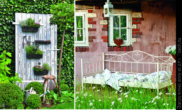 3. Панно из старой двери. 4. Железная кровать в роли скамейки.