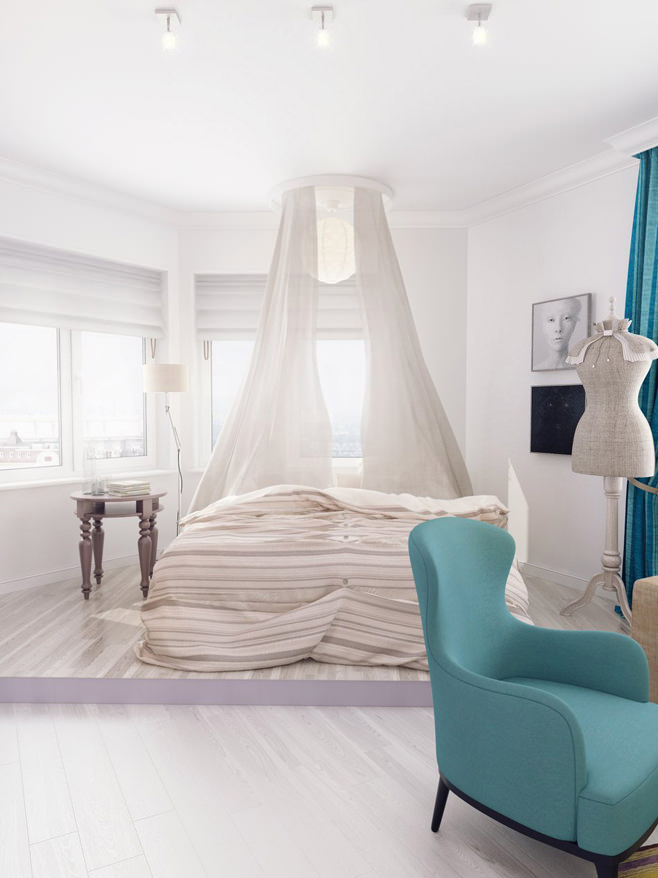 Кровать с балдахином в спальне светлой квартиры для девушки