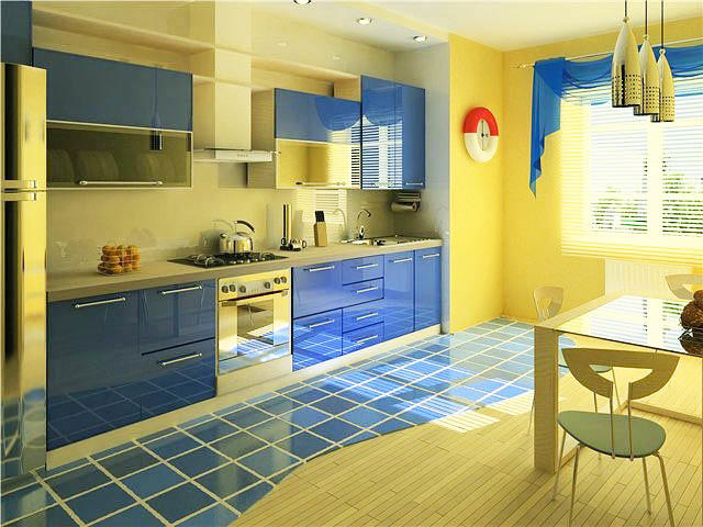 Синяя кухня с желтыми стенами - отличное сочетание для морского стиля в дизайне
