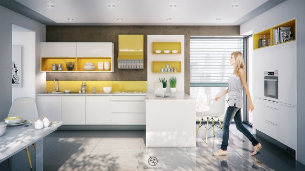 Интерьер белой кухни с ярко-желтыми полками