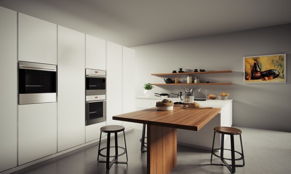 Дизайн белой кухни с деревянным столом