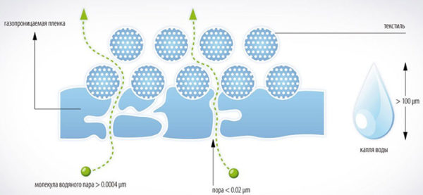 Благодаря особой структуре, гидроизоляционная мембрана абсолютно непроницаема для воды, но легко пропускает испарения