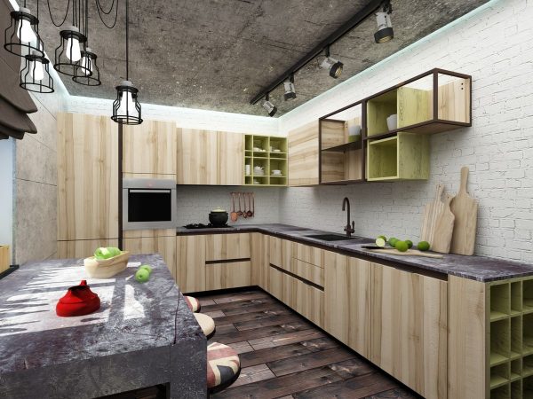 Полки и шкафы на кухне с оформлением в стиле лофт