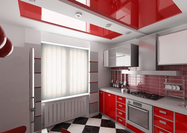 Бело-красный натяжной потолок на кухне хай-тек