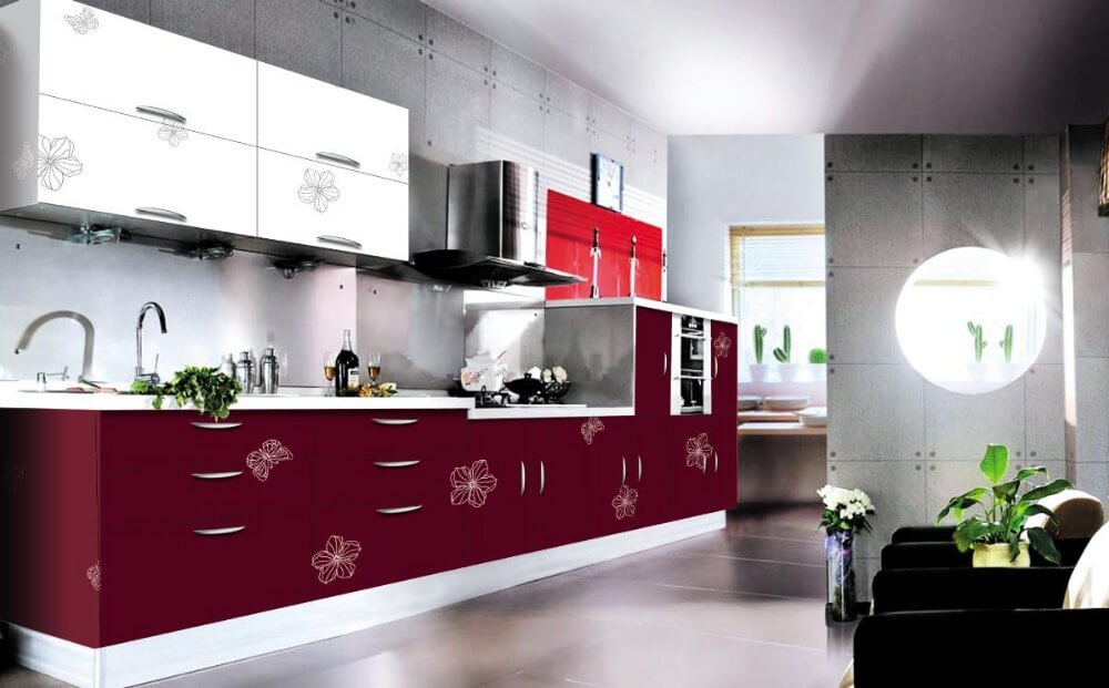 Кухонный гарнитур в комбинированных цветах с акриловым покрытием с рисунком