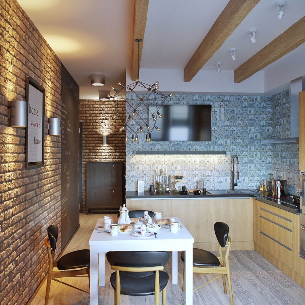 Потолок с деревянными балками на кухне в стиле лофт