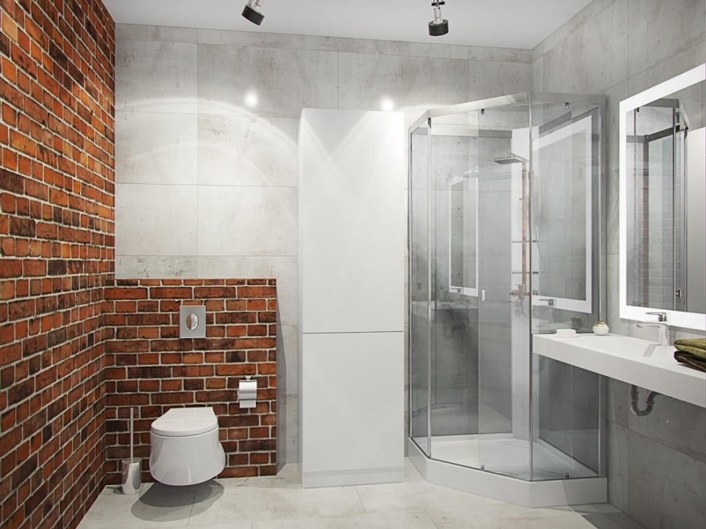 Ванная комната со стеклянным душем в стиле лофт