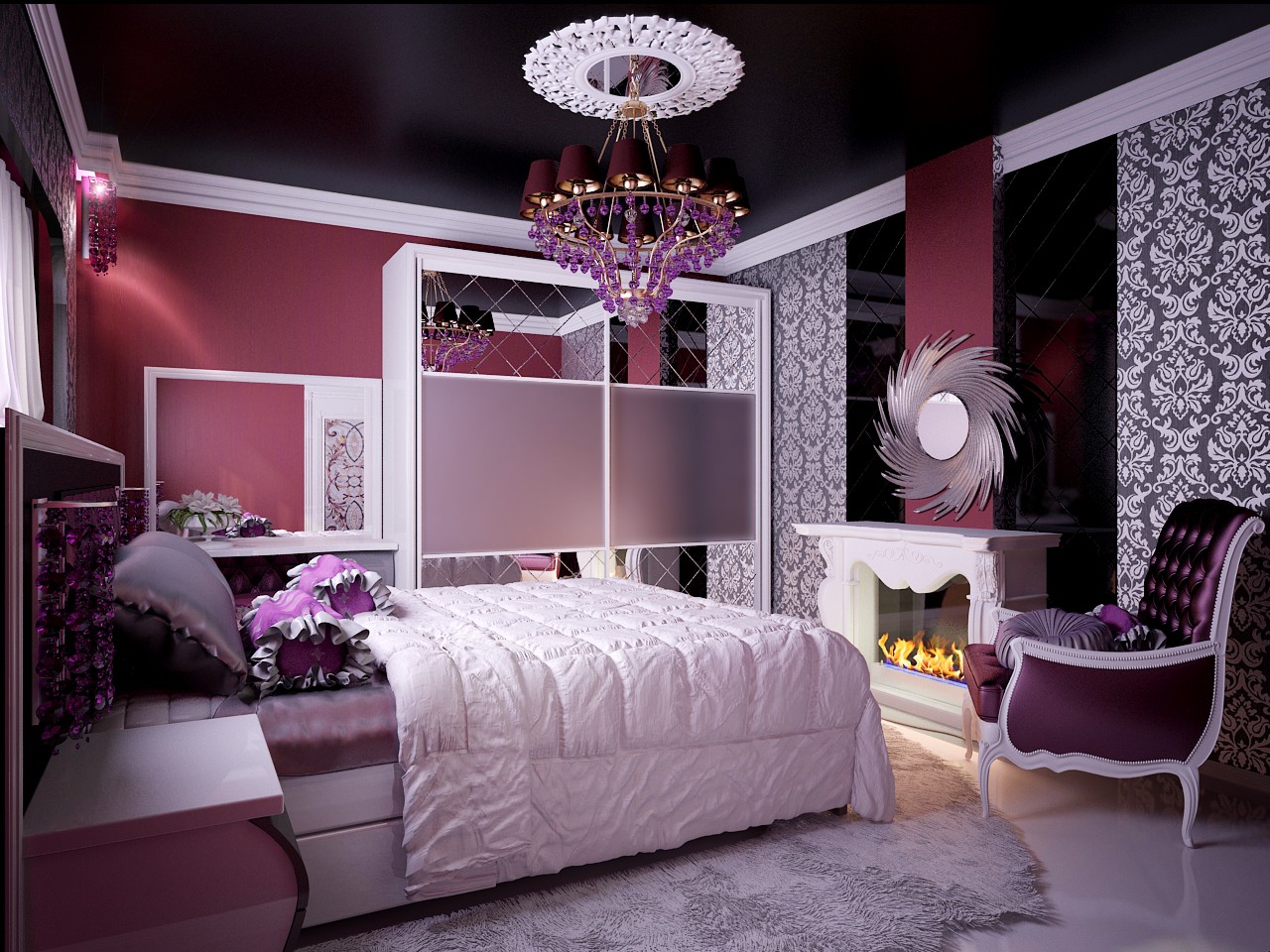 Фиолетовые акценты в спальне в стиле модерн