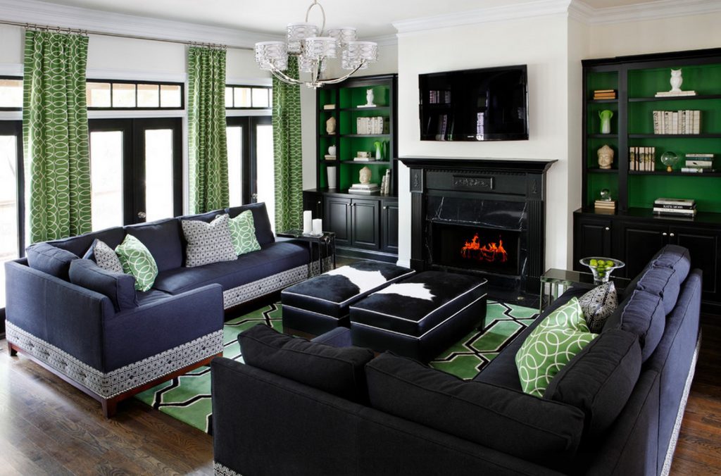 Контрастное сочетание зеленого и черного цветов в гостиной