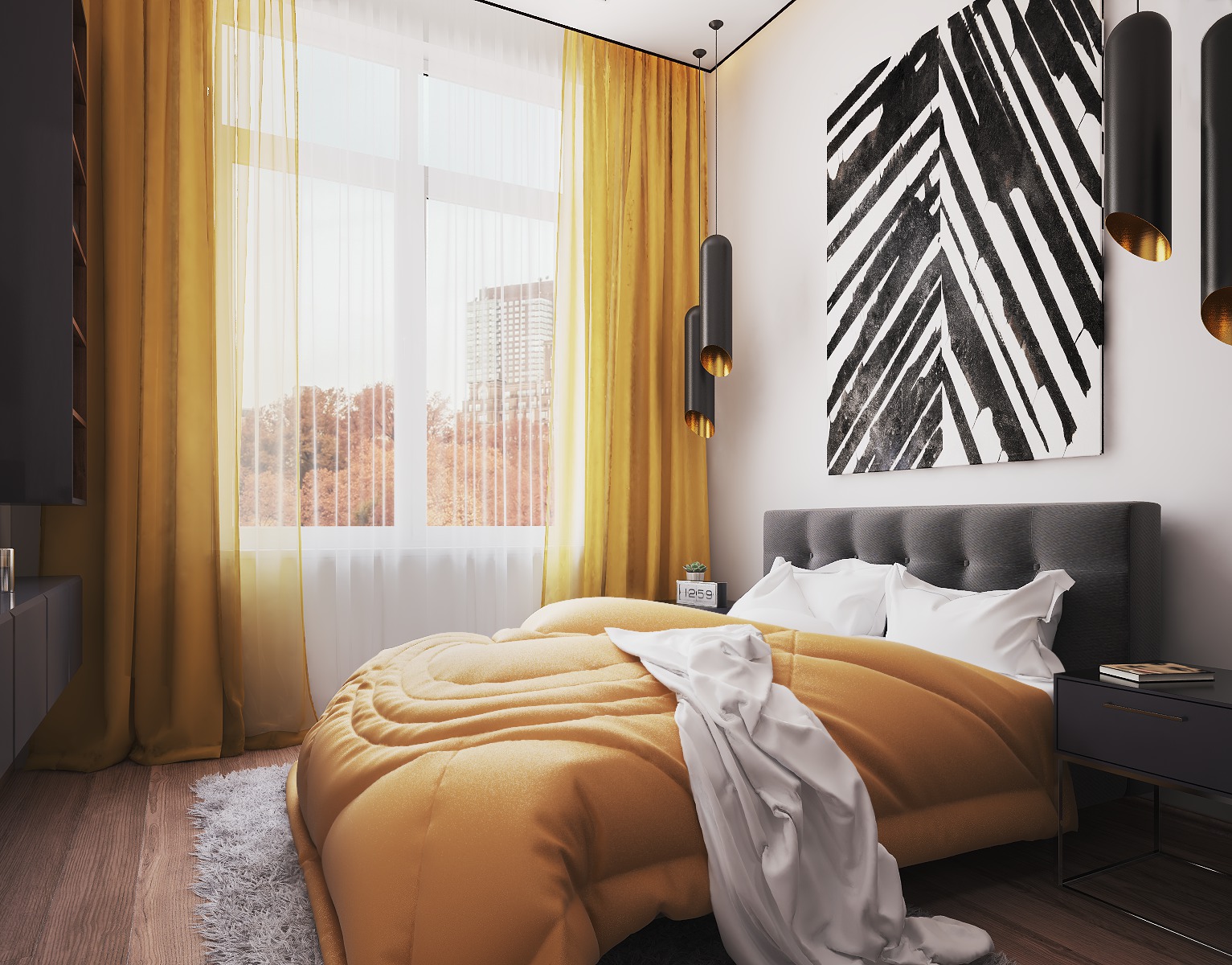 Белый потолок в спальне с желтыми шторами
