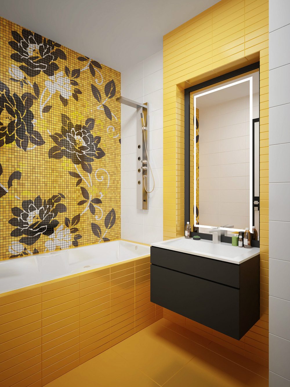 Желто-черно-белая маленькая ванная комната