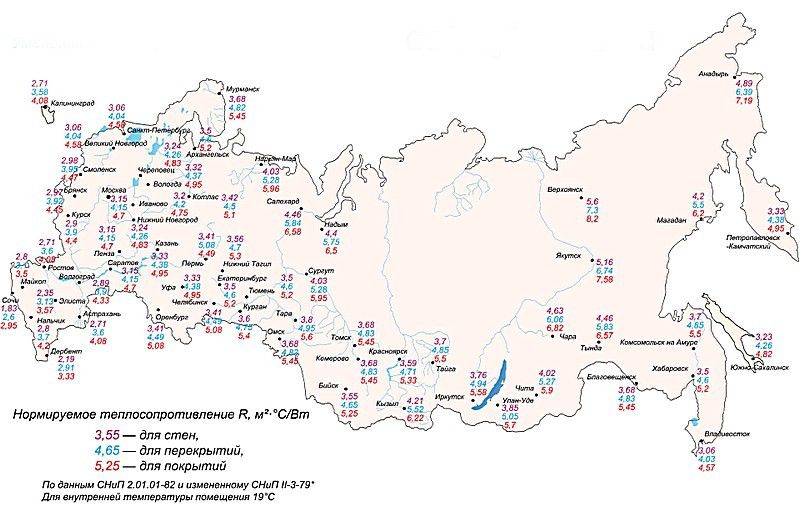 Карта-схема нормированных значений сопротивления теплопередаче для регионов России