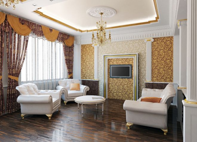 белый потолок в интерьере гостиной классического стиля 
