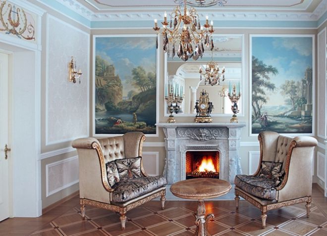 Интерьеры гостиной в классическом стиле с камином