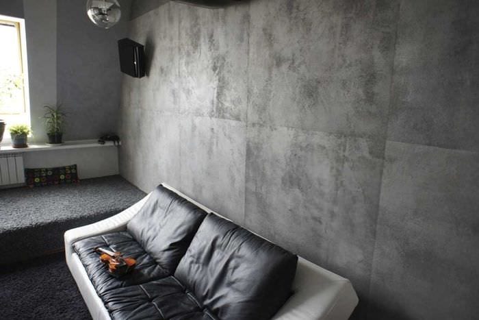 идея необычной декоративной штукатурки в интерьере спальни под бетон
